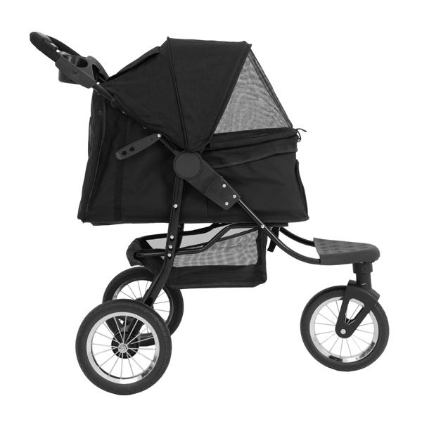 Black pet jogger with a spacious canopy, mesh windows, and sturdy wheels, designed for comfortable outdoor walks with pets