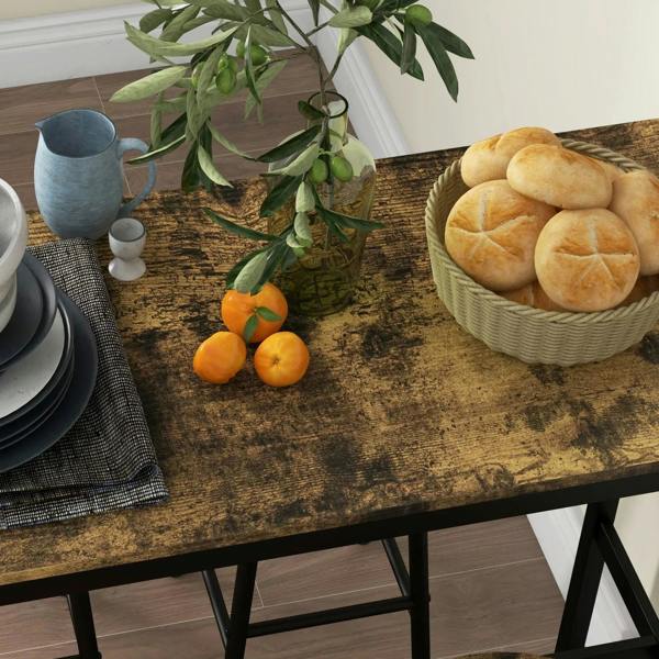 Rustic brown bar table top with black metal legs and a round bar stool nearby