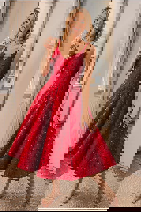 Jacquard Sleeveless A-line Midi Dress - Red DR4163