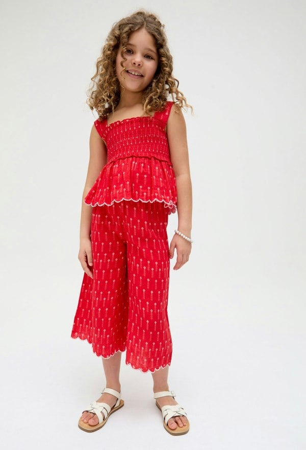 Kids Sia Shirred Floral Print Co-Ord top and trouser Set In Red - image 1