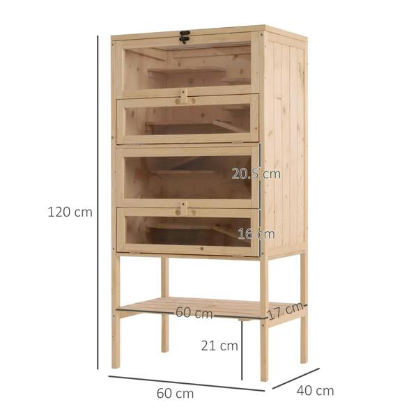 Natural wood hamster cage with 4 levels and bottom shelf, shown with size dimensions