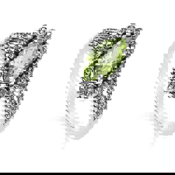Gemondo Art Deco Style Marquise Peridot & Marcasite Ring in Sterling Silver