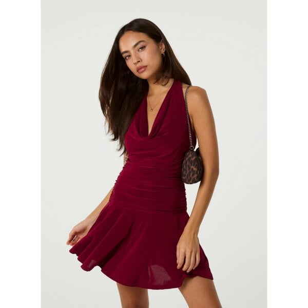 Pink Vanilla Slinky Cowl Neck Ruched Mini Dress