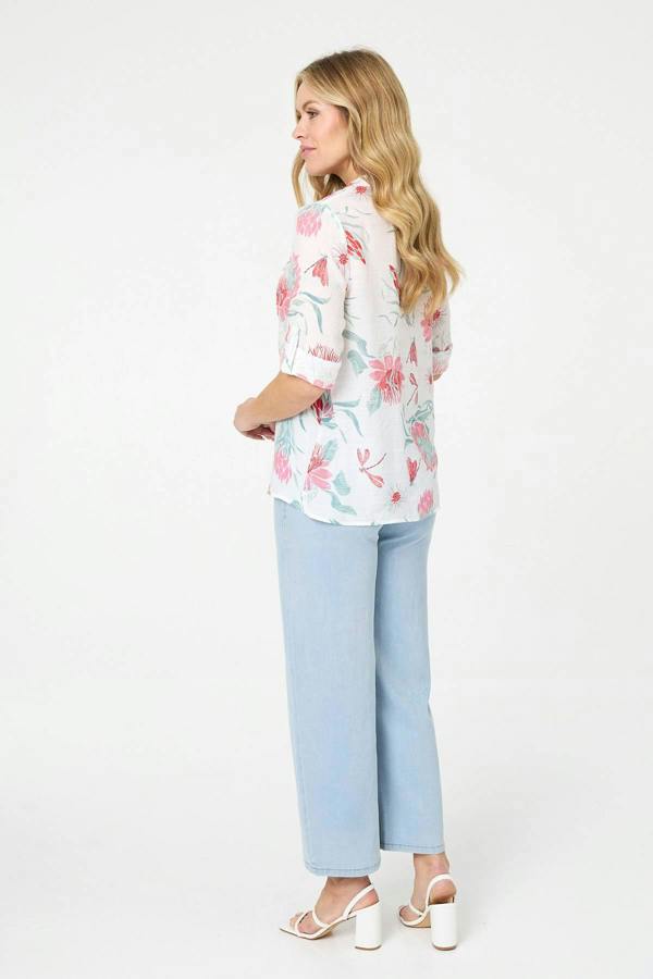 White | Lace Trim 3/4 Sleeve Relaxed Blouse