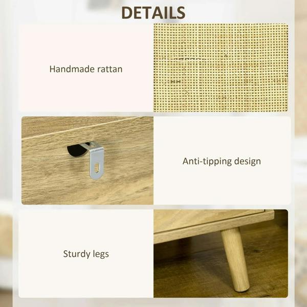 Handmade rattan cabinet front with anti-tipping bracket, sturdy legs, natural wood frame