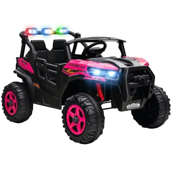 Kids 2-seater electric ride-on car, black with pink wheels and LED lights