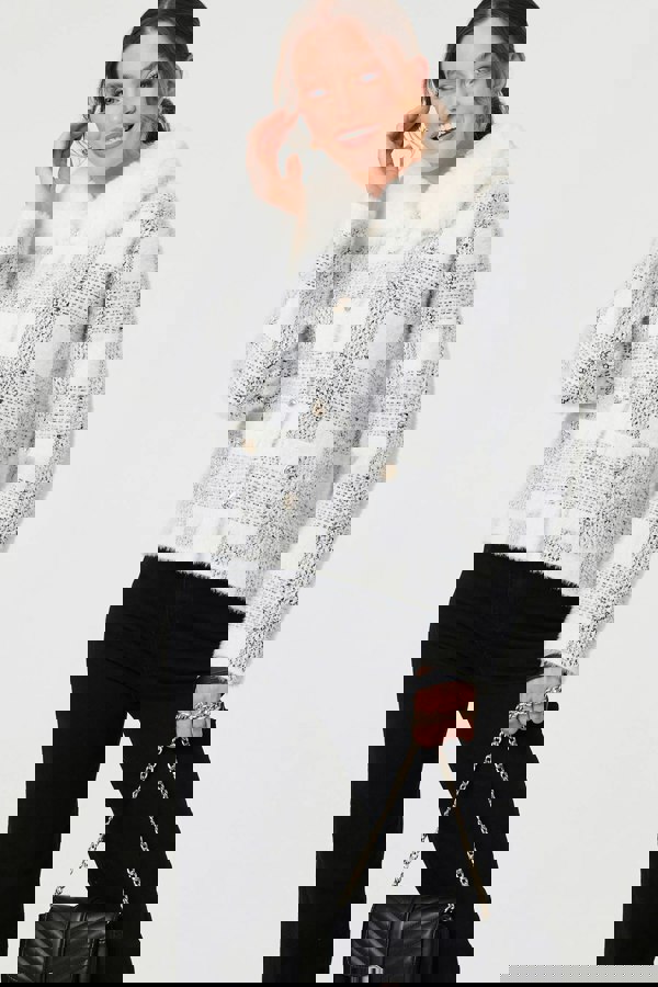 White | Checked Faux Fur Collar Boxy Jacket
