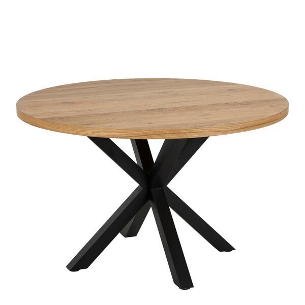 Wyld Haus Perth 120cm Natural Oak Veneer Round Dining Table Industrial Black Metal Legs