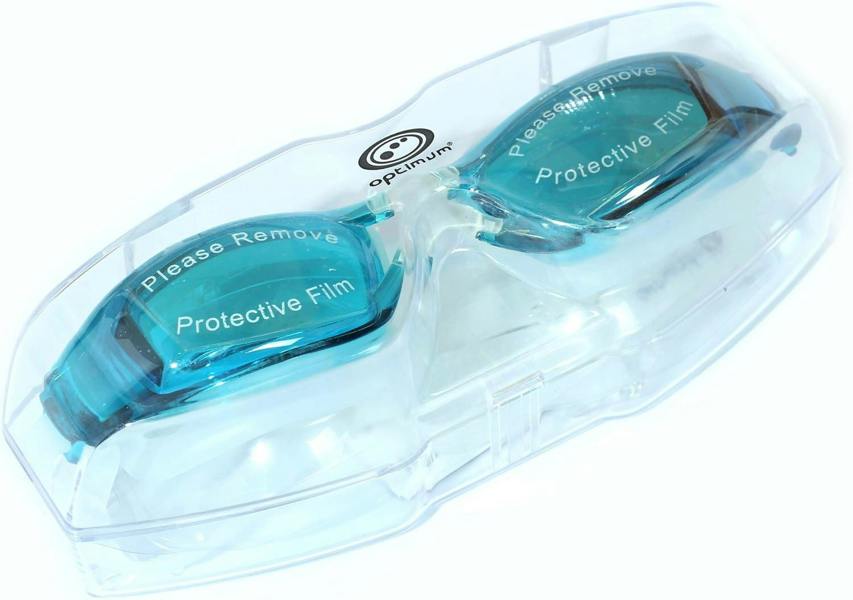 Turquoise-lens Optimum swimming goggles with protective film in clear plastic case, on white - Optimum