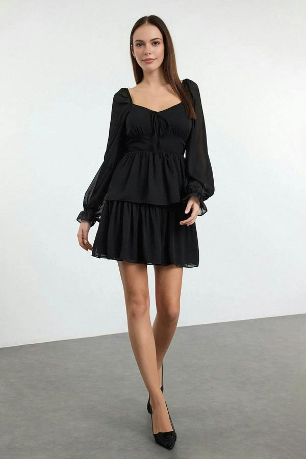WOVCOR Ruffled Mini Lined Chiffon Woven Dress