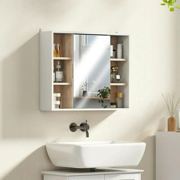 White wall-mounted bathroom mirror cabinet with central mirror and evenly spaced open side shelves