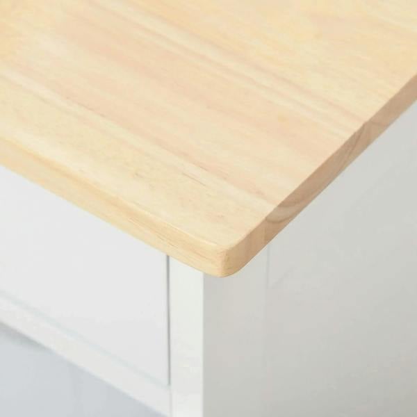 Rubberwood tabletop corner on a white rolling kitchen trolley