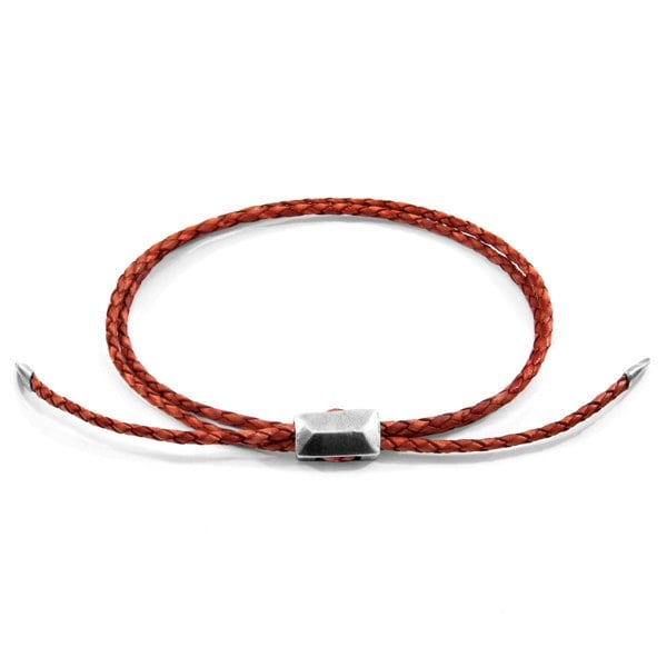 Anchor & Crew Amber Red Edward Silver and Braided Leather SKINNY Bracelet