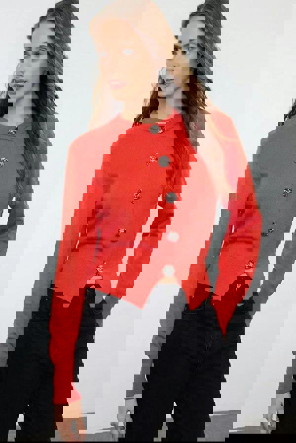 WOVCOR Premium Yarn Crop Knit Cardigan with Rose Button Detail