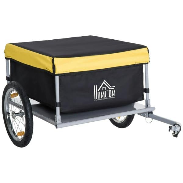 Two-wheel cargo bicycle trailer with yellow top, black fabric cover, and gray steel frame