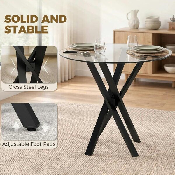 Round Dining Table for 4, 80cm Modern Kitchen Table with Tempered Glass Top and Cross Steel Legs, Clear