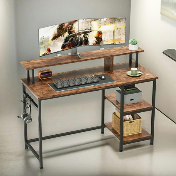 Rafaelo Mobilia Industrial 107CM Computer Desk With Monitor Stand And Shelves Rustic Brown
