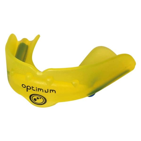 Yellow Optimum Matrix mouthguard with black logo, close-up side view on white background - Optimum