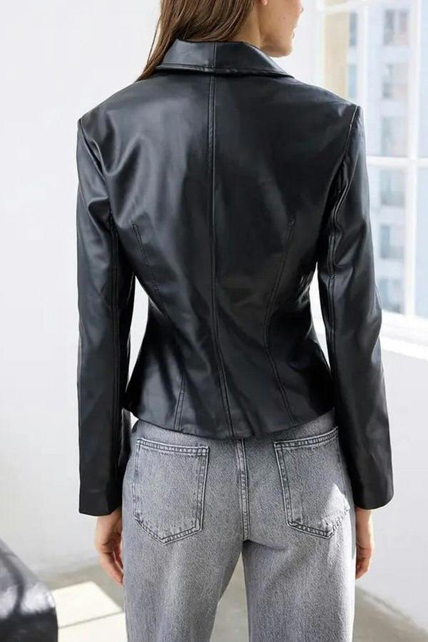 WOVCOR Faux Leather Fitted Jacket with Button Closure