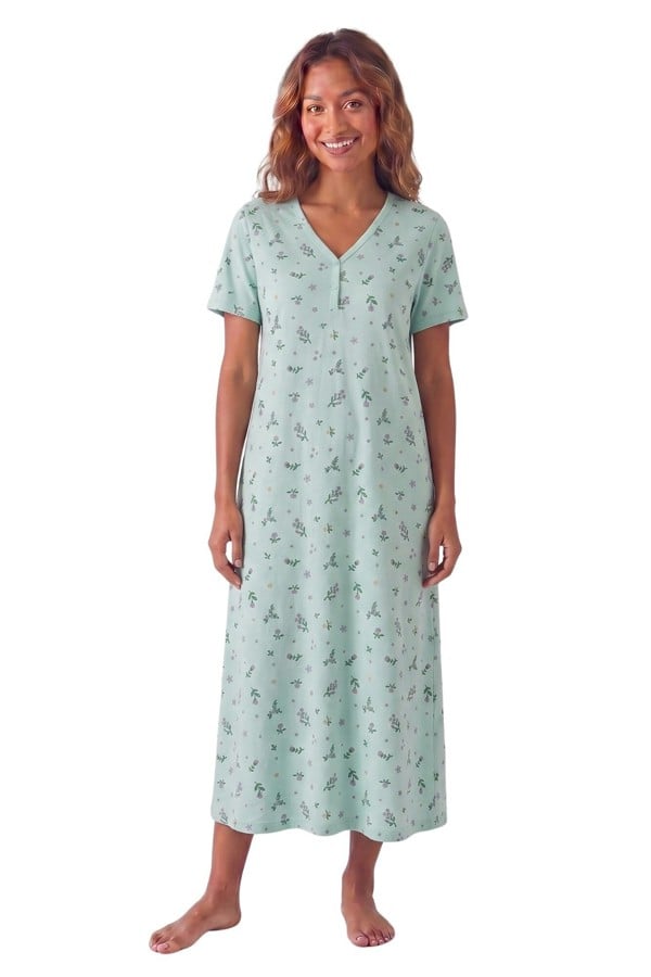 Camille Womens 100% Organic Cotton Classic Full Length Short Sleeved Nightdress - Mint Floral