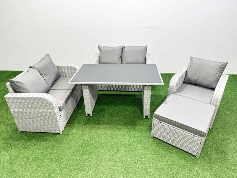 Fimous Rattan Sofa Outdoor Furniture with Dining Table,Love Sofa,Big Stool Patio Furniture Light Grey 6 Seater