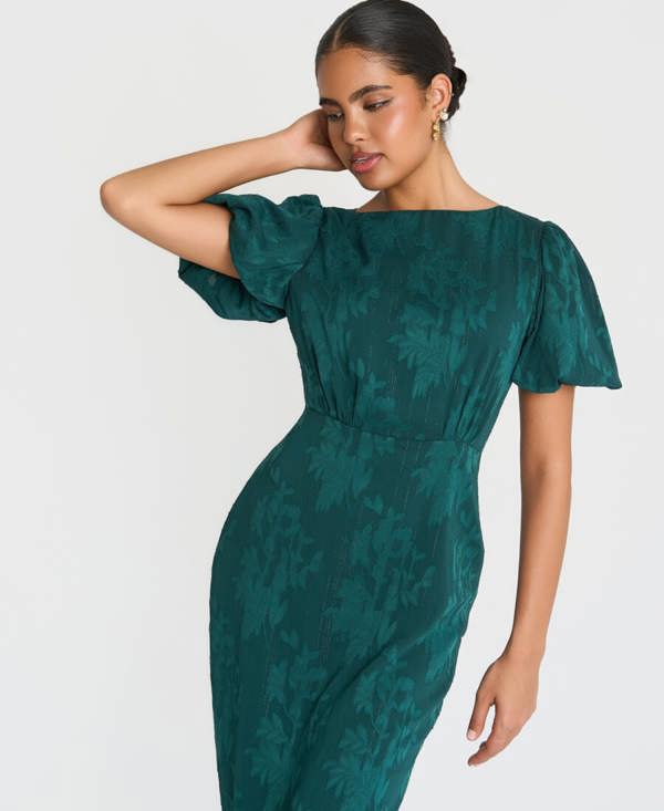Needs No Label Forest Green Jacquard Puff Sleeve Midi Dress