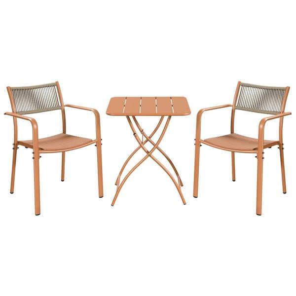 Core Products 3 Piece Bistro Garden Set, Pair Of Rope Back Armchairs & Square Metal Folding Table, Moss Green
