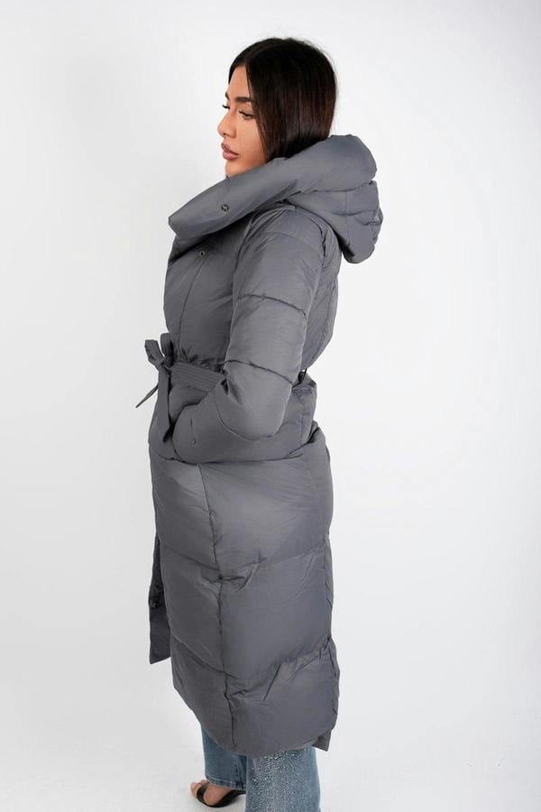 Velina Longline Puffer Coat With Belted Waist - Brown