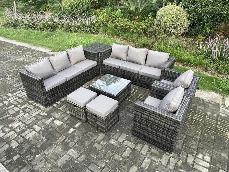 Fimous Rattan Garden Furniture Sofa Set with 2 Armchairs, Square Coffee Table, Side Table & 2 Footstools, 10 Seater Indoor & Outdoor Set