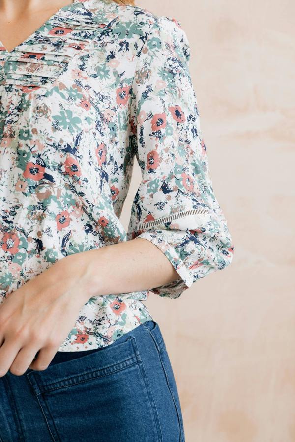 Lily & Me Marie Printed Pintuck Blouse