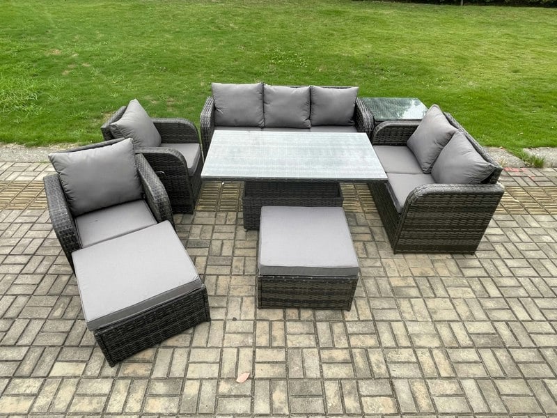 Fimous Outdoor Rattan Furniture Garden Dining Set Patio Height Adjustable Rising lifting Table Reclining Chair Sofa With Side Table 2 Big Footstools