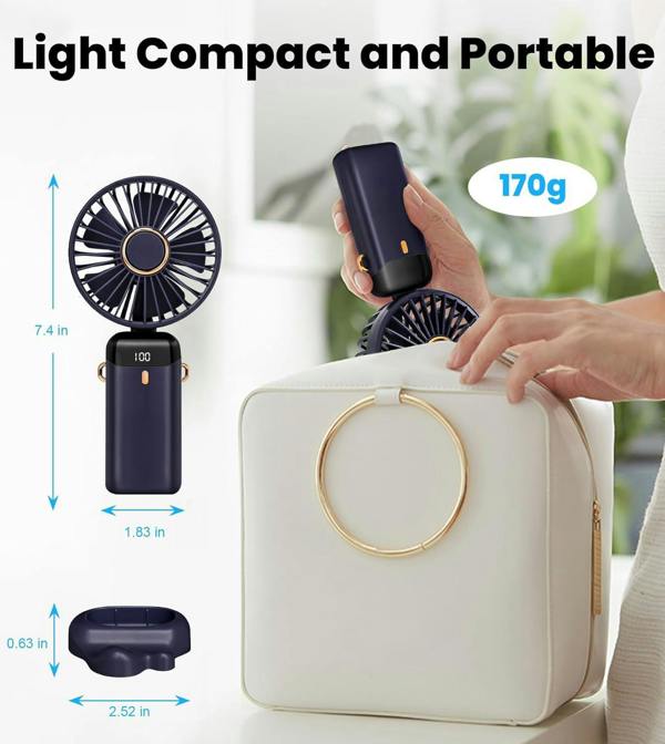 Dyzi 2-in-1 Portable Travel Mini Handheld Desk Table Fan USB-C Rechargeable Dark Blue