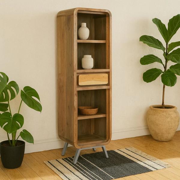 Wyld Haus Los Angeles Reclaimed Wood and Metal Narrow Bookcase 1 Drawer 2 Shelves