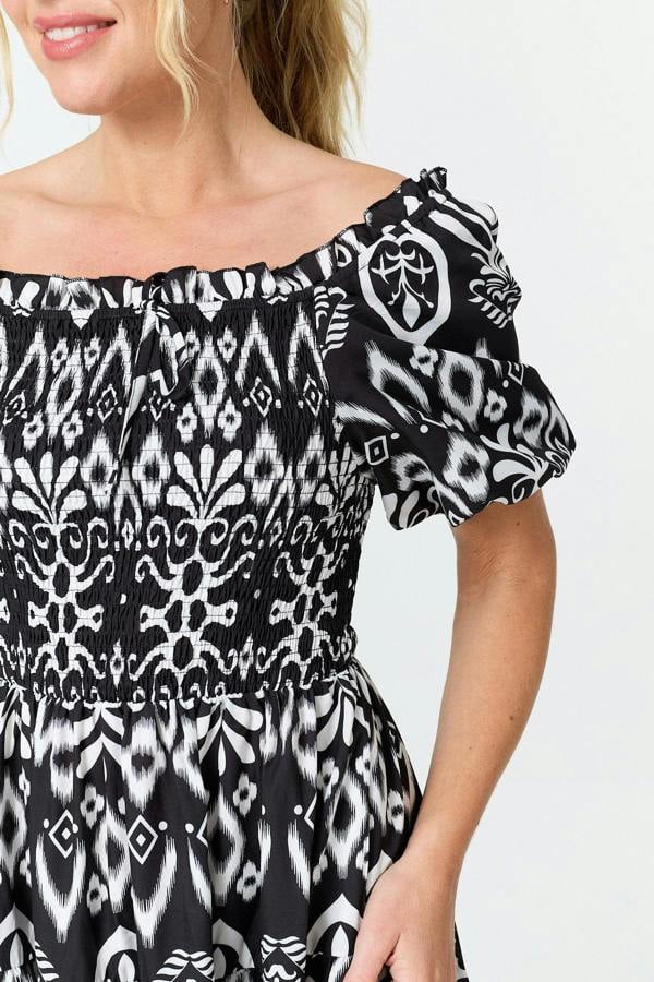 Black | Abstract Bardot Puff Sleeve Midi Dress