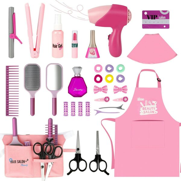 deAO Toys 32-Piece Hair Beauty Stylist Toy Set – Pretend Play Salon Kit with Realistic Tools & Accessories Role Play Gift for Kids Ages 3+ - Pink - Pretend Play Salon Kit