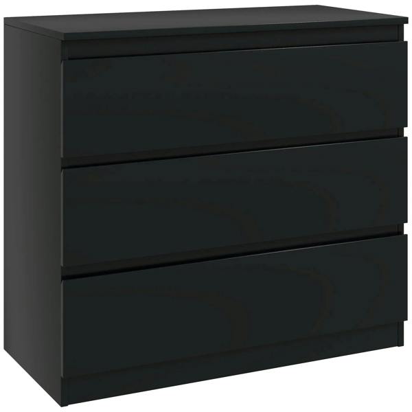Black chest of three drawers with three horizontal drawer fronts