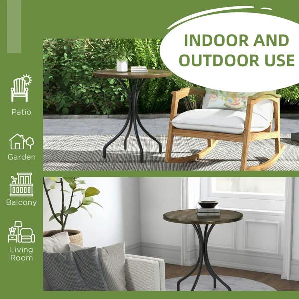 Brown round slatted table with black pedestal base for indoor and outdoor use.
