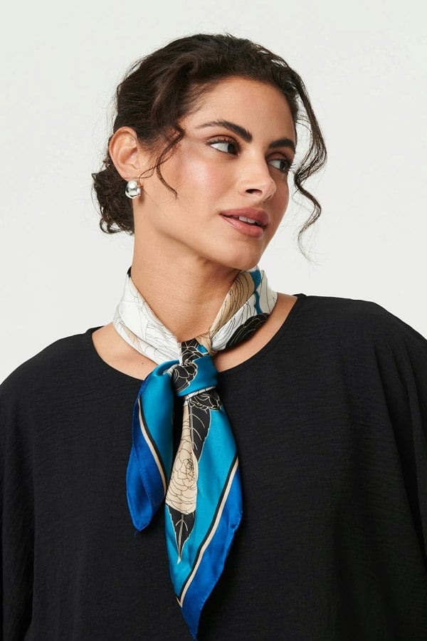 Blue | Floral Border Print Satin Square Scarf
