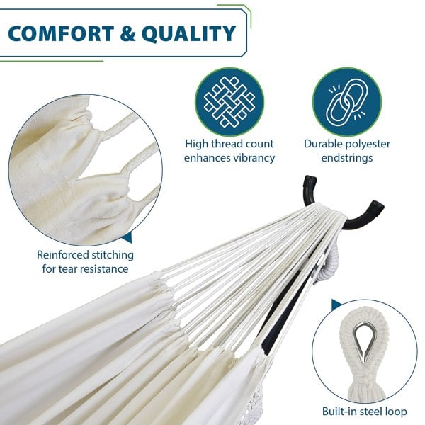 Vivere Double Cotton Hammock with Solid Pine Stand (260cm) - Natural with Fringe