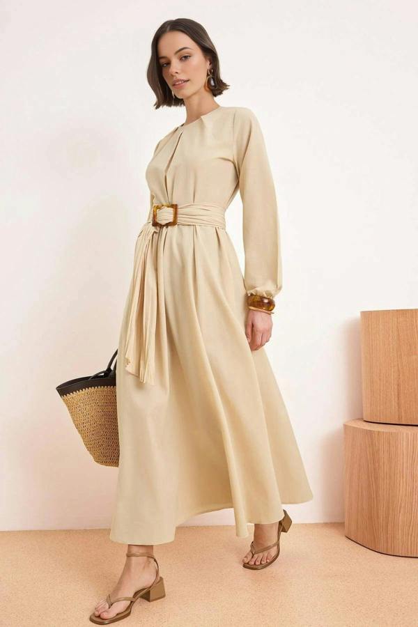 WOVCOR Unlined Pleated Belt Buckle Detail Woven Dress