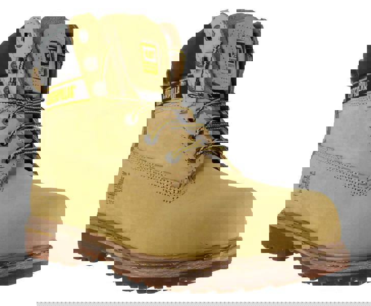 Caterpillar Holton Mens SB Safety Steel Toe Cap Lace Up Work Boots, yellow work boots with black and yellow laces, durable leather construction, and rugged rubber outsole.