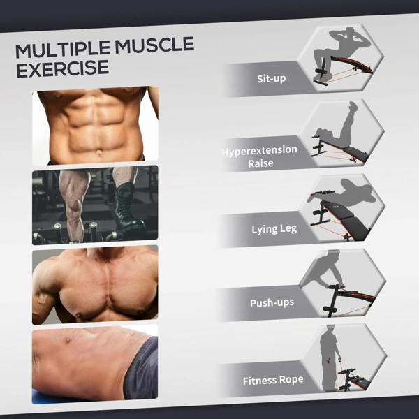 Black sit-up bench for multiple exercises, with resistance rope system