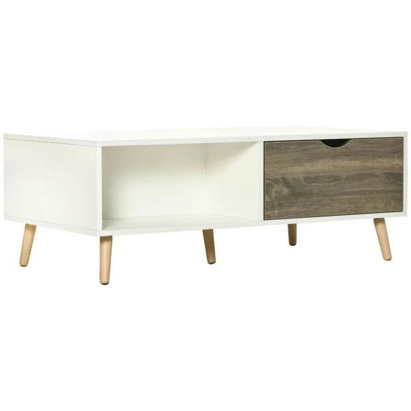 White modern coffee table with two drawers, open shelf, and solid wood legs