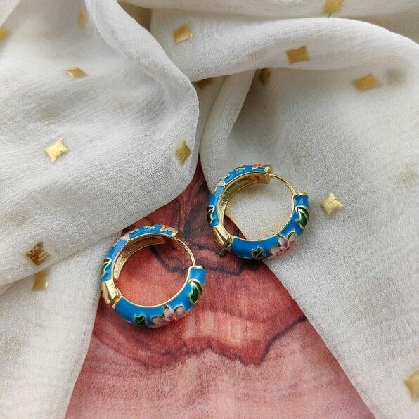 The Colourful Aura Large Enamel Huggie Multicolour Rainbow Dainty Floral Hoop Earrings - Blue - Blue