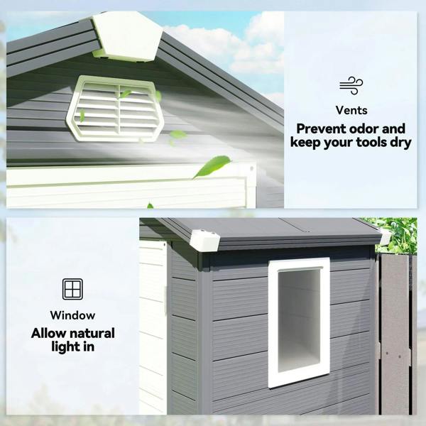 Grey wall shed roof vent and side window with light interior view