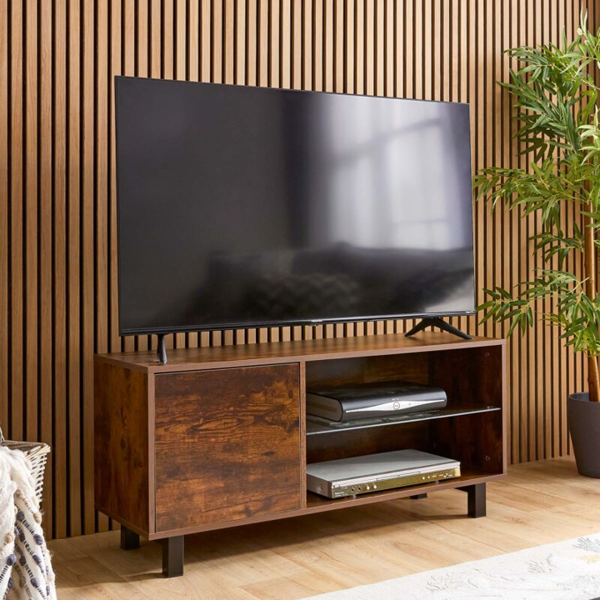 MMT Furniture Designs TV Stand Cabinet Rustic Oak for 42-55 inch TV's On Steel Legs Cabinet 110cm