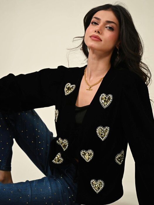 Rose & Nancy Rosheen Black Velvet Hand Embellished Heart Tie Front Top