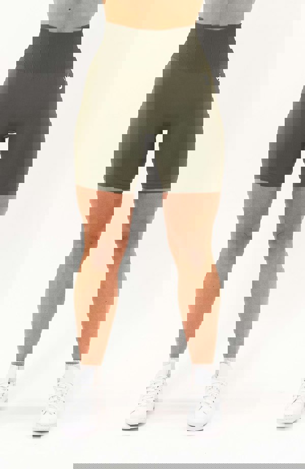 V3 Apparel Women's seamless Limitless high waisted cycle shorts in olive fade green – Squat proof 5 inch inseam leg bum enhancing shorts for Gym workouts training, Running, yoga, bodybuilding and bikini fitness.