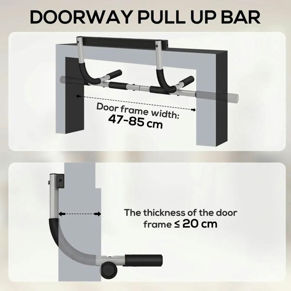 Doorway pull-up bar fits 47–85 cm frame width and door frame thickness ≤20 cm