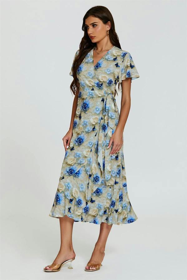 FS Collection Floral Print Wrap Hem Midi Dress In Beige